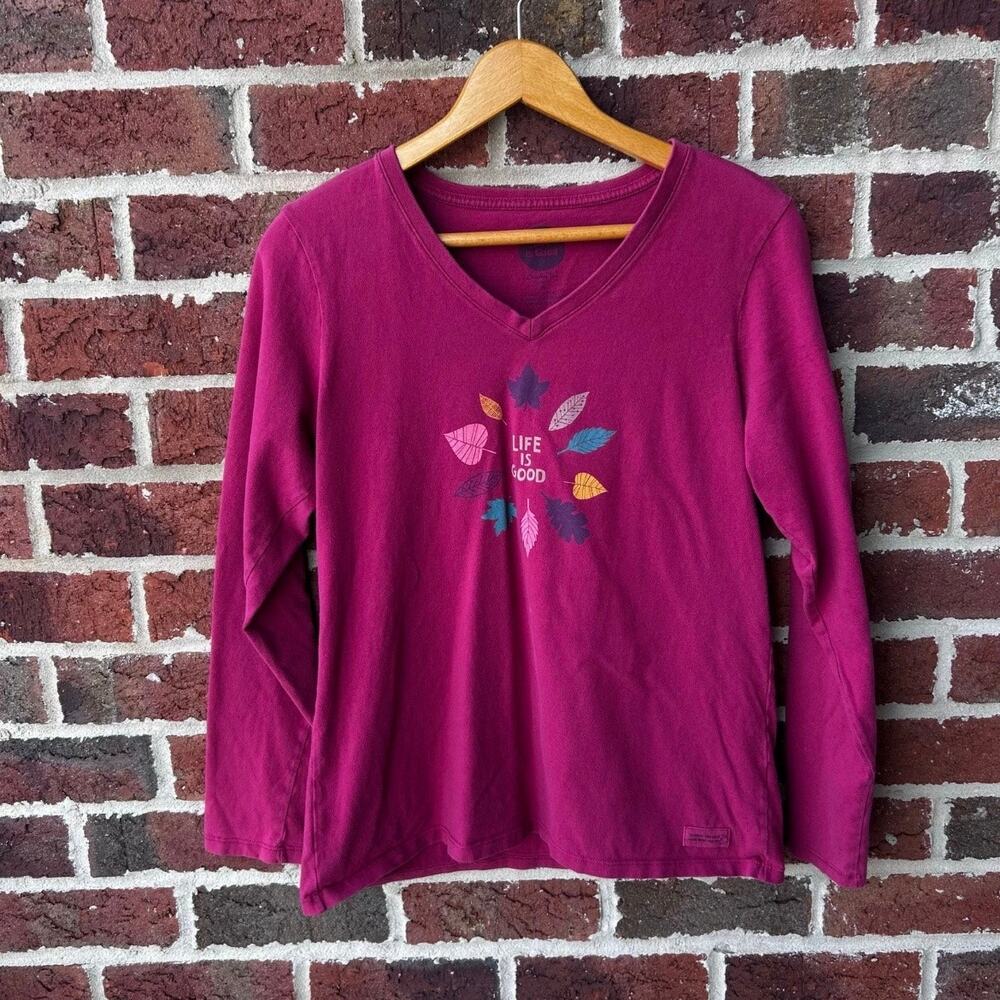 Life Is Good. Fall Leaves V-Neck Long Sleeve Crusher Tee Size Womens Medium